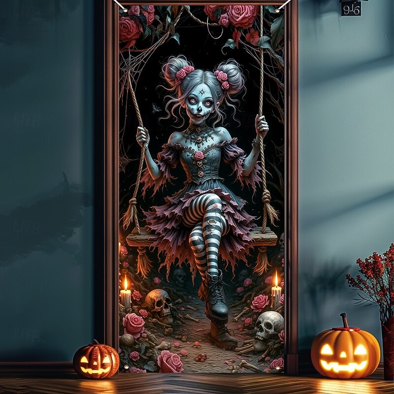 Halloween Door Cover – Creepy Porcelain Doll in Blue Dress, Haunted House Entrance Banner, Scary Outdoor & Indoor Decoration for 2025 Halloween Bedroom, Living Room, Bathroom4