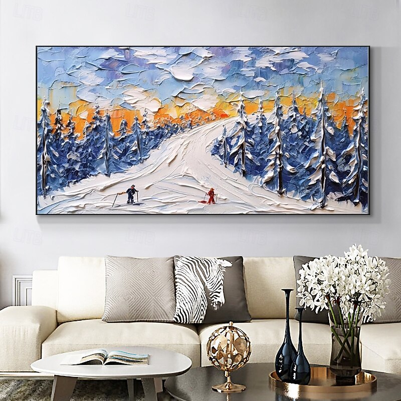 Handmade Oil Painting Canvas Wall Art Decoration Modern Abstract Sports Skiing Pine Forest Landscape for Living Room Home Decor Stretched Frame Hanging Painting/Rolled Frameless Unstretched Painting