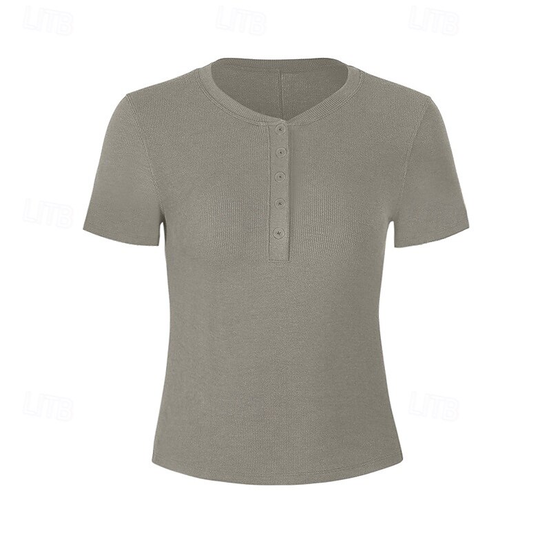 Women's Yoga T-shirt Henley Collar Breathable Short Sleeve Sports Solid Color Top For Pilates Running Yoga Activewear2