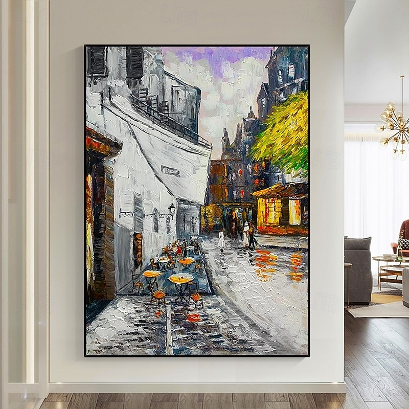 Handmade Oil Painting Canvas Wall Art Decoration Modern Abstract Streetscape Cafe Home Decor Rolled Frameless Unstretched Painting