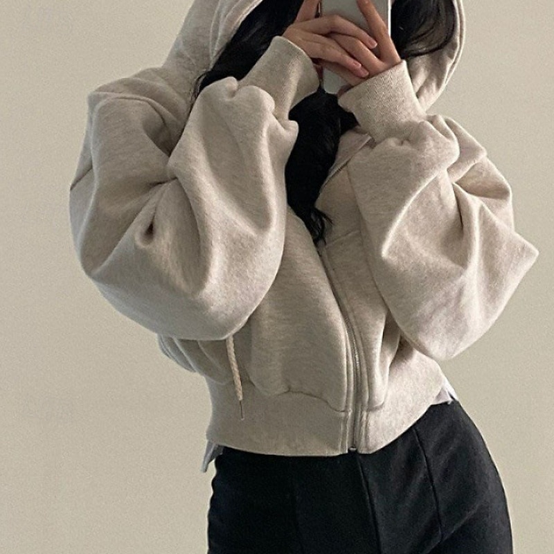 Women's Zip Up Hoodies Plain Streetwear Casual Long Sleeve Hooded Regular Tops Street Going out Zipper Pocket Navy Blue Light Grey Dark Gray Fall Winter