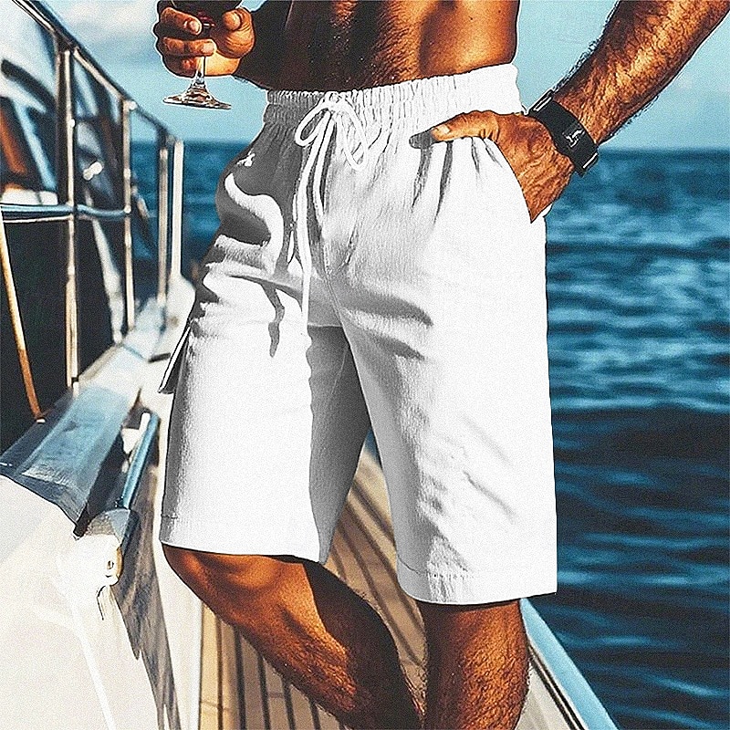 Men's Shorts Linen Shorts Summer Shorts Beach Shorts Pocket Elastic Waist Drawstring Plain Comfort Breathable Short Vacation Holiday Beach Hawaiian Boho Black White Micro-elastic