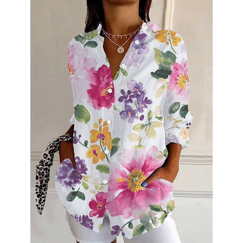 Women's Shirt Button Down Tunic Shirt Collar Long Sleeve Floral Graphic Vintage Tropical Daily Regular Tops Work Daily s Print Pink Light Blue Spring Fall4