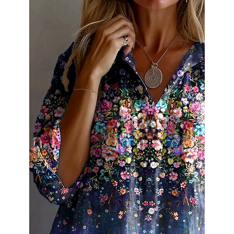 Women's Shirt Button Down Tunic Shirt Collar Long Sleeve Ombre Floral Graphic Vintage Tropical Daily V Neck Regular Tops Work Daily Holiday s Print Navy Blue Spring Fall2