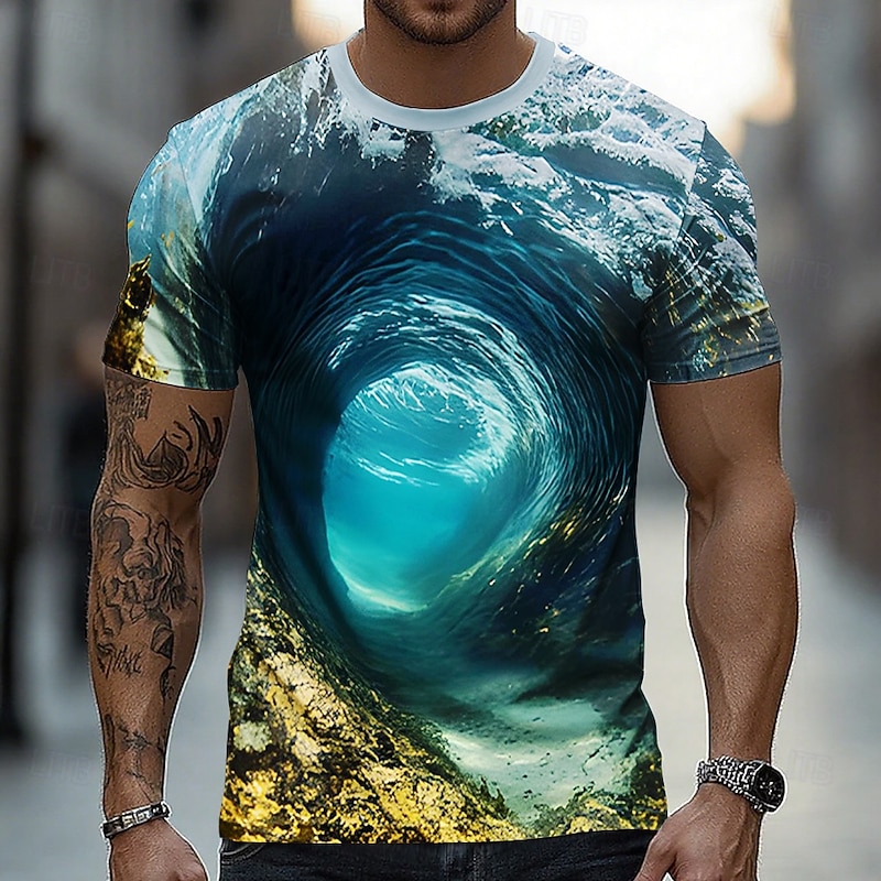 Men's Optical Illusion Ocean 3D T Shirt Short Sleeve T shirt 3D Print Crew Neck Shirt Exaggerated Designer Party Street Holiday Blue 3# Blue 2# Blue 1# Summer Spring All Seasons Clothing Apparel S M2