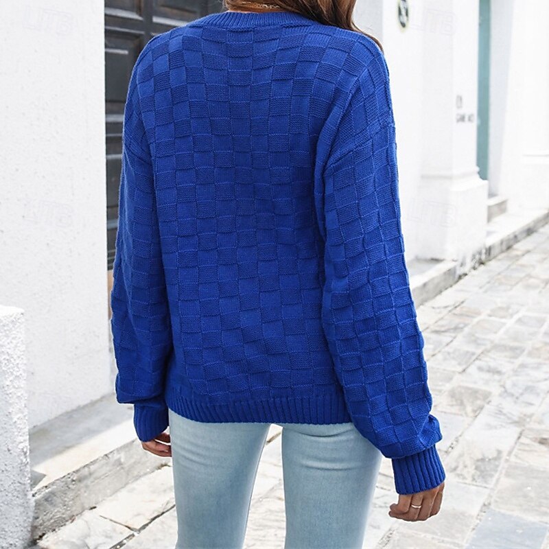 Women's Pullover Casual Plaid Chunky Crew Neck Knitted Long Sleeve Regular Tops Knit Daily Holiday Going out Yellow Blue Fall Winter4