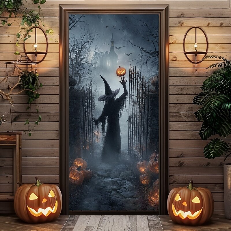 Halloween Door Cover – Silhouette of Witch in Fiery Portal, Haunted House Entrance Banner, Scary Outdoor 2025 Halloween Decoration for Bedroom, Living Room, Bathroom4