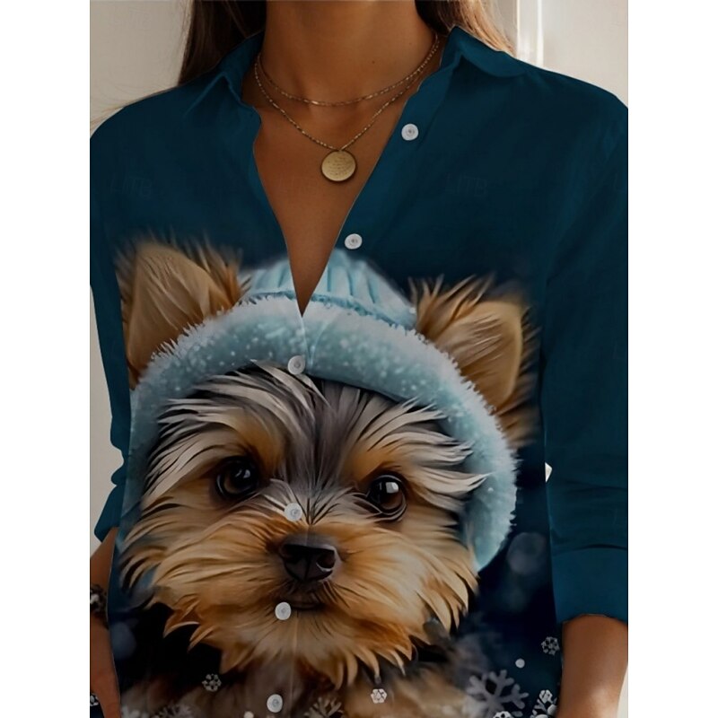 Women's Shirt Dog Active Daily Stylish Long Sleeve Shirt Collar Regular Tops Daily Holiday Buttons Print Blue Spring Fall2