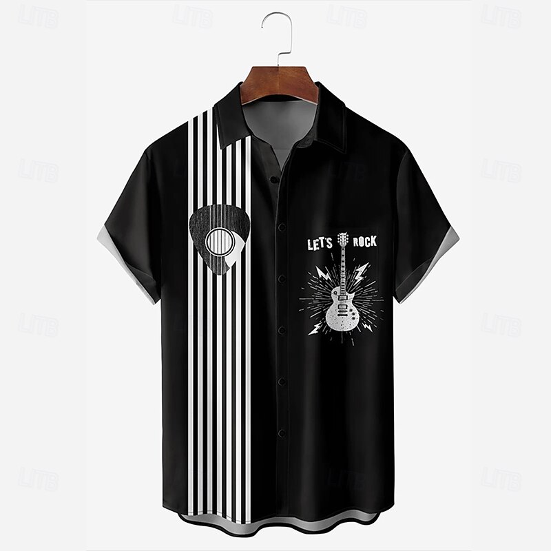 Men's Boardmasters Striped Guitar Shirt Summer Shirt Button Up Shirt Short Sleeve Vintage Retro Outdoor Vacation Dailywear Summer Spring Turndown 3D Print Collared Shirts Front One Pocket Black 1