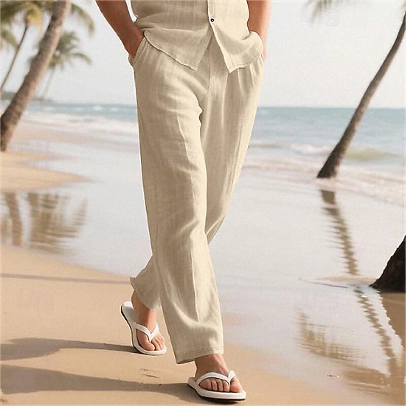 Men's Linen Pants Trousers Summer Pants Baggy Pants Beach Pants Elastic Waist Drawstring Straight Leg Plain Comfort Breathable Full Length Outdoor Casual Daily Vacation Classic Style Black White