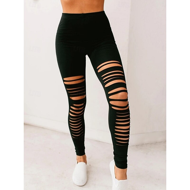 Women's Leggings Cozy Leggings Streetwear Casual Long High Waist Plain Ripped Breathability Soft Micro-elastic Yoga Street Black Gray Fall Regular Fit4