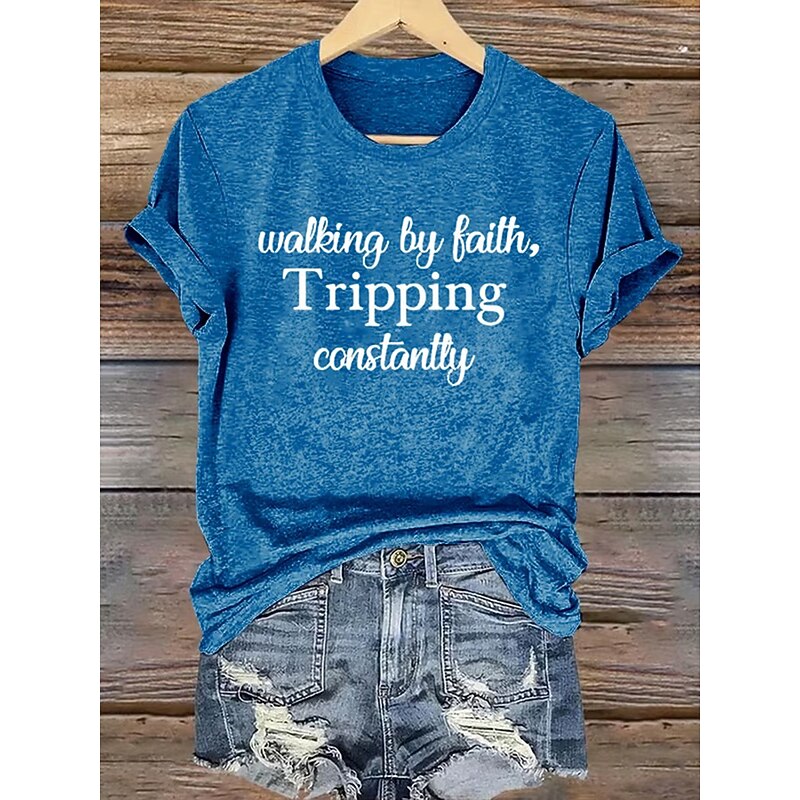 Women's Walking By Faith Tripping Constantly Print T Shirt Graphic Vintage Stylish Classic Short Sleeve Crew Neck Round Neck Regular Tops Daily Print Black White Pink Red Blue Summer Spring4