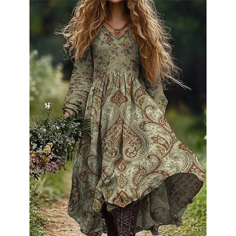 Women's Maxi Dress Sundress Pleated Dress Vacation Casual Boho Going out Beach Floral Graphic Paisley Long Sleeve V Neck Deep Green Wine Dark Pink Blue Summer Spring4