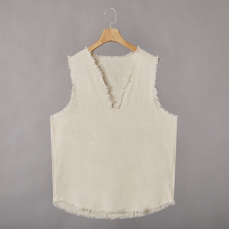 Men's Linen Shirt Tank Top Vest Undershirt Sleeveless V Neck Summer Plain Fashion Bohemian Classic Street Casual Sports Beige Top Tee for Men4