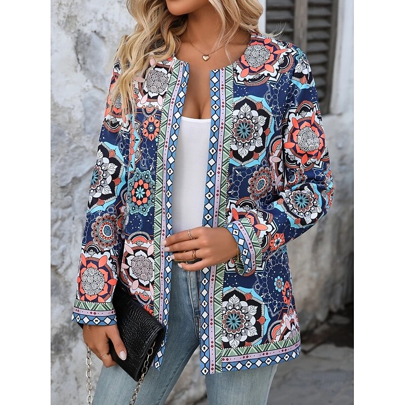 Women's Casual Jacket Lightweight Print Open Front Elegant Active Vintage Fashion Geometric Outdoor Vacation Party Work Regular Crewneck Regular Fit Long Sleeve Outerwear Blue Spring Fall3