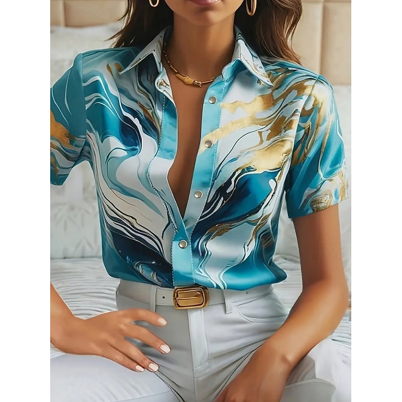 Women's Shirt Long Sleeve Button Down Blouse Graphic 3D Vintage Tropical Daily Short Sleeve Shirt Collar Regular Tops Daily Blue Green Summer Spring