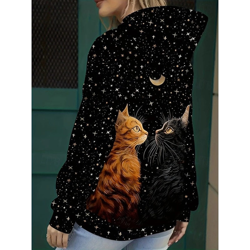 Women's Hoodie Pullover Sweatshirt Oversized Long Sleeve Casual Graphic Animal Cat Vintage Fashion Western Hooded Regular Tops Street Dailywear Holiday Print Front Pocket Black Fall Winter2