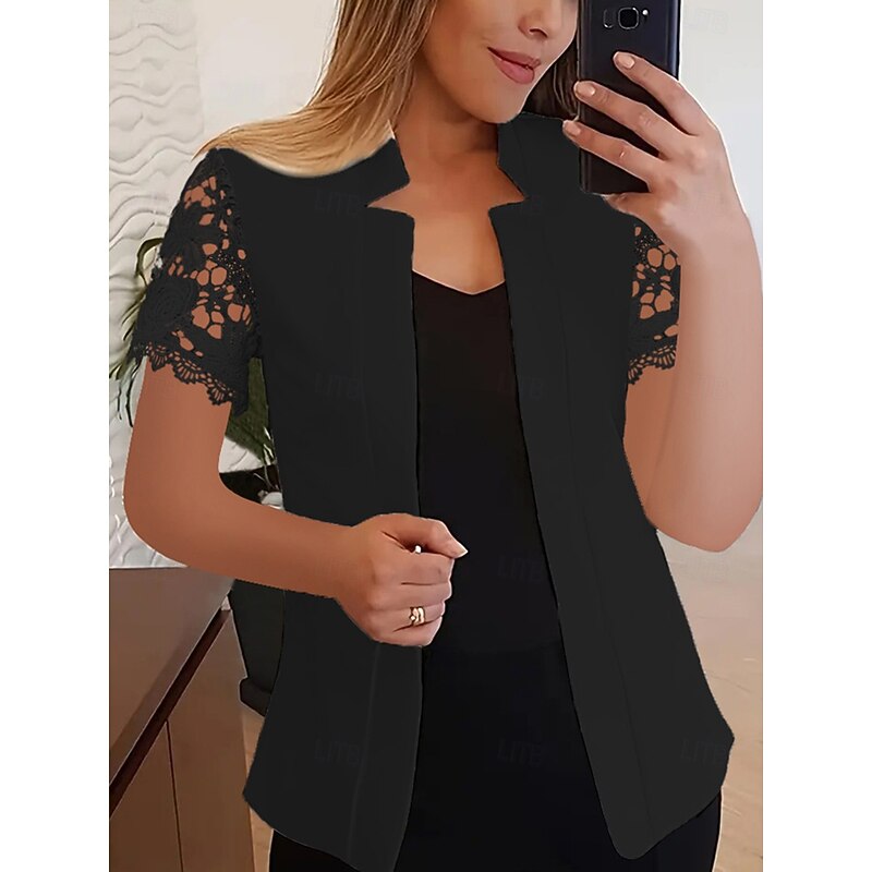 Women's Blazer Comfortable Breathable Lace Fashion Modern Plain Work Daily Regular Stand Collar Regular Fit Short Sleeves Outerwear Black White Pink Summer2