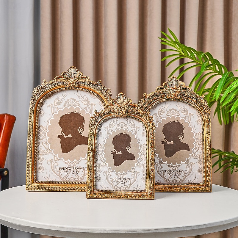 Vintage Gold Arch Resin Photo Frame, European-Style Decorative Picture Frame with Ornate Lace Design, Ideal for Home Photo Display and Photography Props