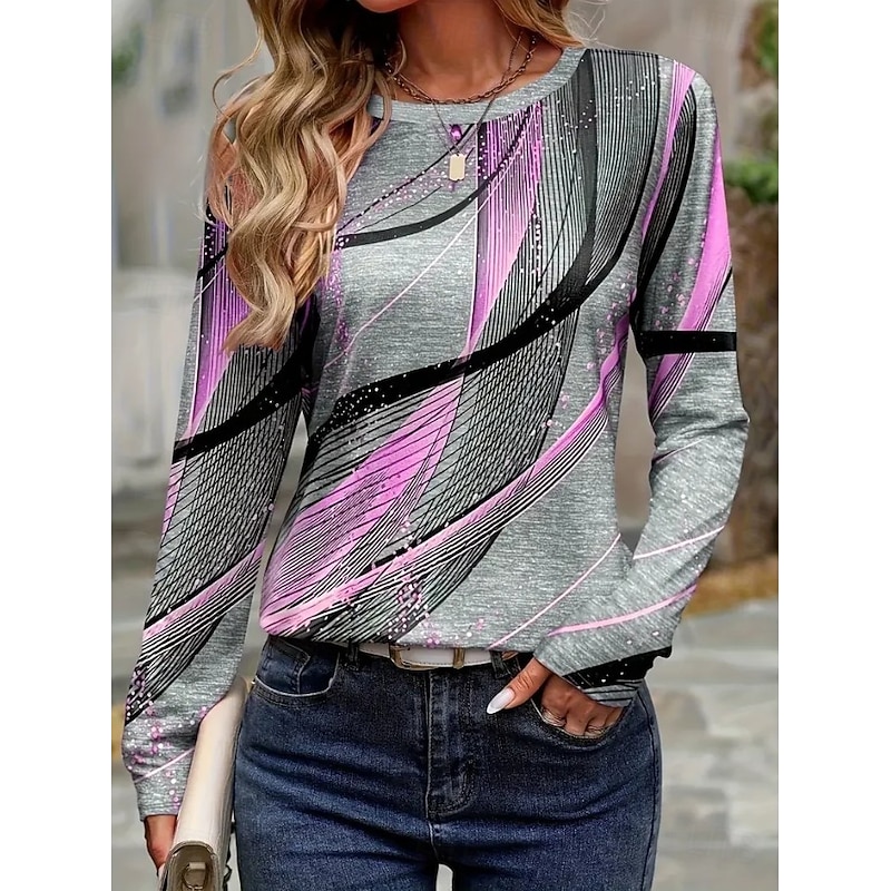 Women's T shirt Long Sleeve Crew Neck Long Sleeve Tunic Graphic Geometric Vintage Stylish Classic Round Neck Regular Tops Daily Print White Pink Green Khaki Light Grey Fall Prefall4