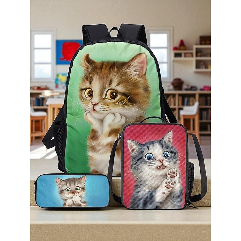Girl's 3-Piece School Backpack Set with Cute Cat Print by Kayomi Harai– Lightweight Bookbag, Lunch Bag and Pencil Case for Elementary Students, Ideal for School, Travel and Gifts
