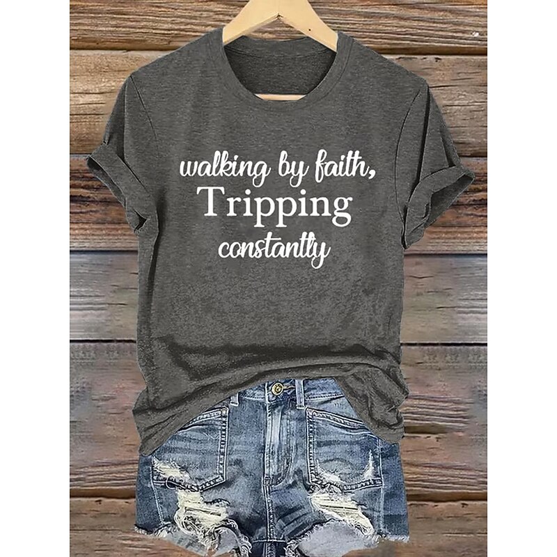 Women's Walking By Faith Tripping Constantly Print T Shirt Graphic Vintage Stylish Classic Short Sleeve Crew Neck Round Neck Regular Tops Daily Print Black White Pink Red Blue Summer Spring3