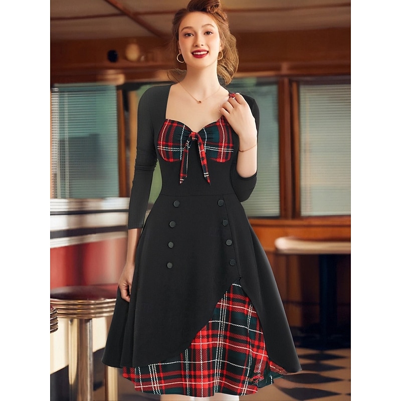 Retro Vintage 1950s Cocktail Dress Midi Swing Dress Flare Dress Christmas Party Dress Tartan Check Fancy Dress Women's Christmas Carnival Masquerade Event / Party Retro Theme Party Festival Adults'