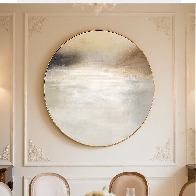 Handmade Circular Abstract Oil painting Golden Frame Reflective Gradient Artwork Grey White Beige Muted Gold Charcoal Tones Modern Wall Decor Luxe Home Ambiance Ready to Hang Include Inner Frame