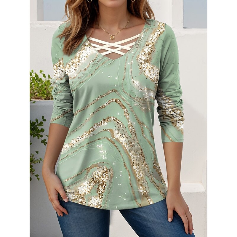 Women's T shirt Long Sleeve Graphic Geometric Gradient Vintage Stylish Modern Long Sleeve V Neck Regular Tops Daily Sports Going out Cut Out Print Gray / White Black Blue Green Spring Fall Prefall3