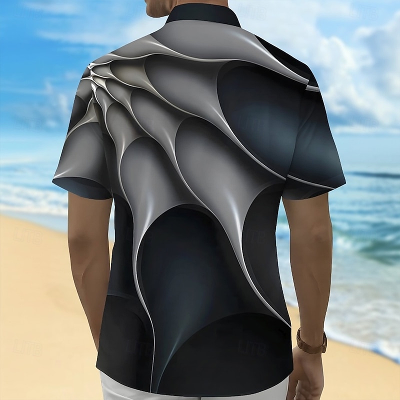 Men's Geometric Abstract Art Shirt Summer Shirt Button Up Shirt Short Sleeve Fashion Casual Outdoor Vacation Dailywear Summer Spring Turndown 3D Print Collared Shirts Front One Pocket Dark Blue2