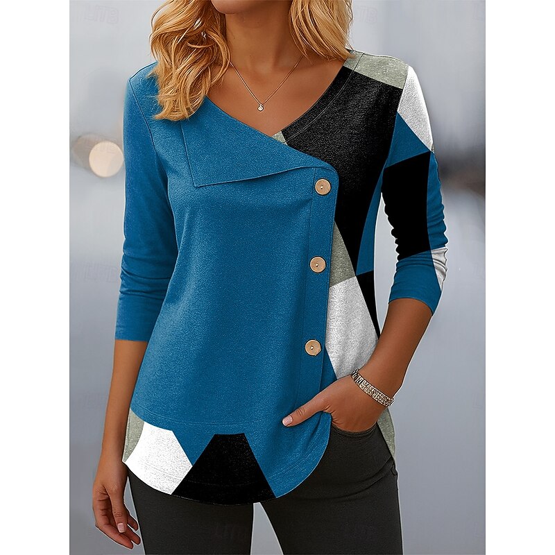 Women's Blouse Tunic V Neck Long Sleeve Buttons Graphic Geometric Color Block Vintage Stylish Modern Regular Tops Daily Patchwork Print Red Blue Purple Green Spring Fall Winter4