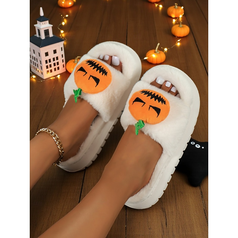 Women's White Fuzzy Halloween Pumpkin Slippers – Soft Indoor House Shoes with Funny Cartoon Design for Autumn and Holiday Lounge Wear2