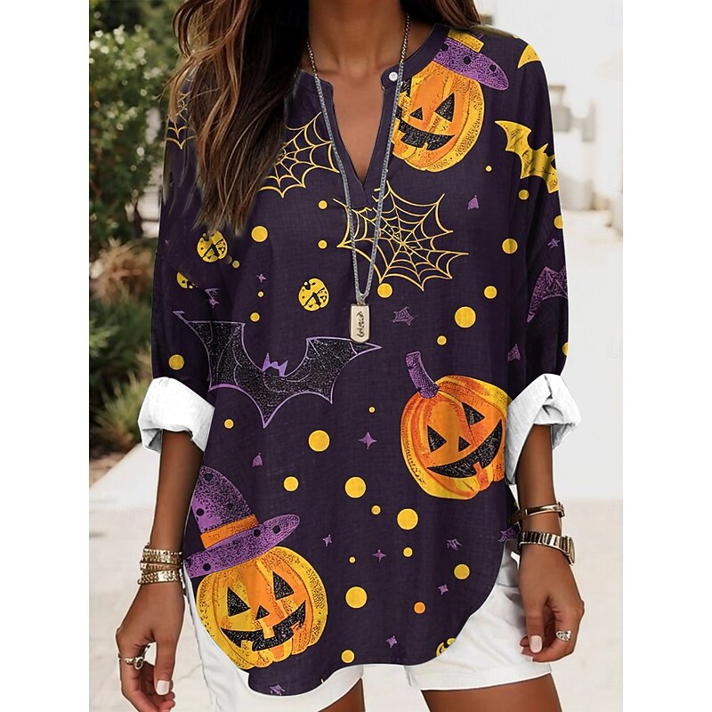 Halloween Women's Blouse Pumpkin Print Tunic V Neck Long Sleeve Boho Casual Tops Graphic Vintage Stylish Regular Tops Daily Print Black Blue Dusty Blue Purple Orange Fall2
