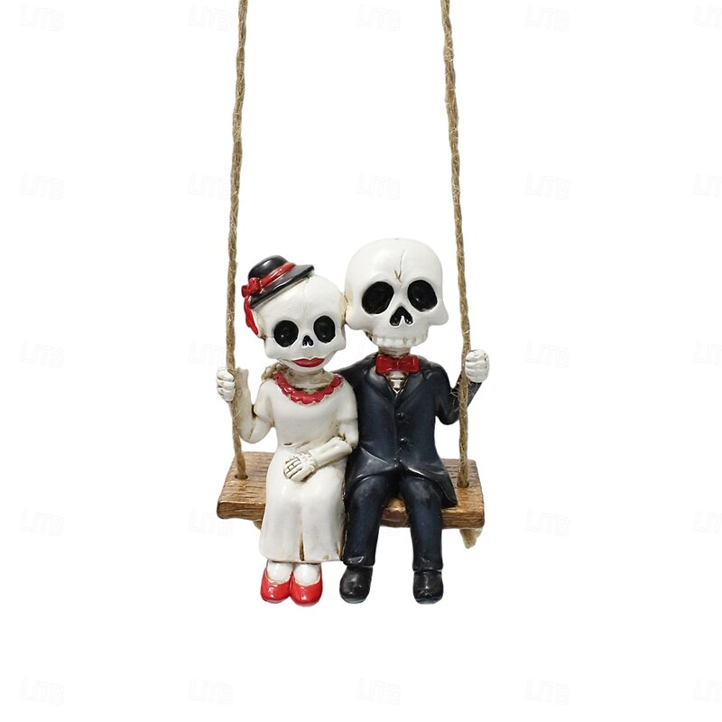 Halloween Resin Skeleton Couple on Swing Figurine, Spooky Outdoor Yard Garden Planter Decoration, Halloween Skeleton Ornament for Home and Patio3