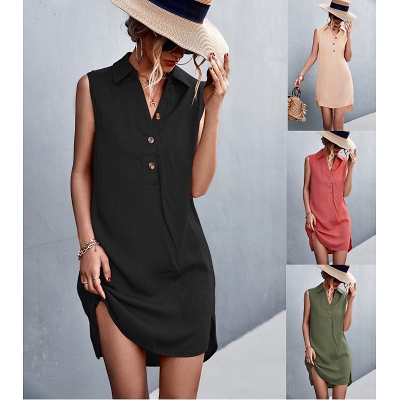 Women's Mini Dress Sundress Summer Dress Casual Daily Regular Fit Solid Color Sleeveless Shirt Collar ArmyGreen Black Red Beige Summer