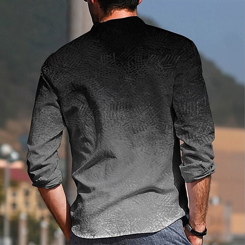 Men's Gradient Color Shirt Button Up Shirt Stand Collar Shirt Long Sleeve Ethnic Vintage Retro Outdoor Vacation Daily Spring Fall Mandarin Collar Band Collar 3D Print Linen Like Shirt Wine Blue Green2