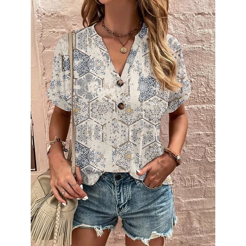 Women's T Shirt Ombre Floral Graphic Vintage Stylish Classic Short Sleeve V Neck Notched Neck Regular Tops Daily Weekend Print White and gray Red Blue Orange off-white Summer Spring4