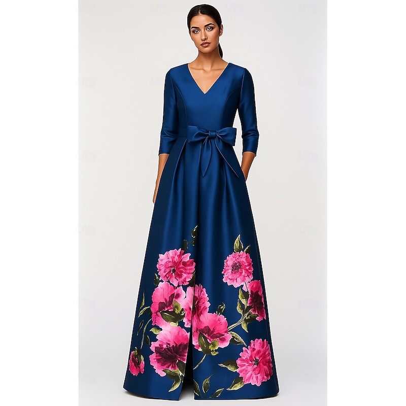 A-Line Evening Gown Elegant Dress Formal Wedding Guest Floor Length Half Sleeve V Neck Pocket Satin with Floral Print Bow(s)