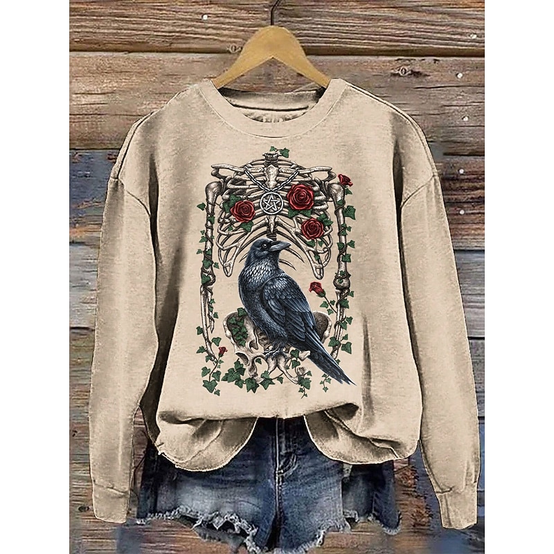Rose By Sarah Richter Women's Sweatshirts Skulls Graphic Casual Long Sleeve Crew Neck Regular Tops Street Dailywear Casual Print Blue Purple Orange Green Khaki Fall Winter