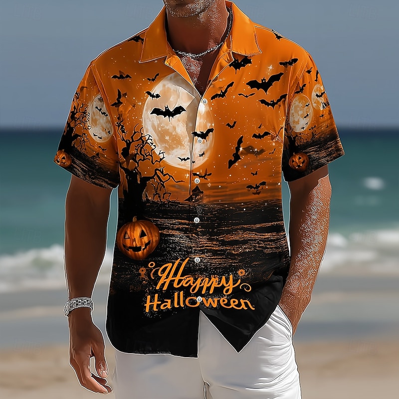Halloween Men's Pumpkin Cemetery Halloween Costumes Shirt Cuban Collar Shirt Button Up Shirt Short Sleeve Dark Punk Gothic Style Holiday Streetwear Summer Camp Collar Shirt 3D Print Orange red Orange2