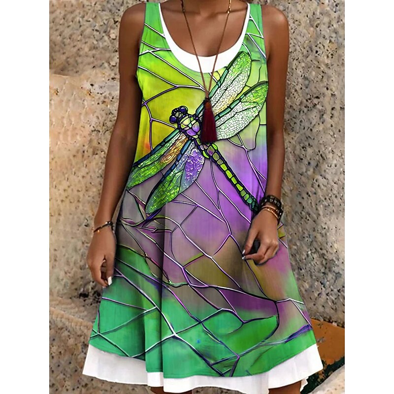 Women's Mini Dress Sundress A Line Dress Off The Shoulder Dress Vacation Casual Boho Daily Regular Fit Graphic Animal Dragonfly Sleeveless Crew Neck Blue Purple Green Summer Spring Fall2