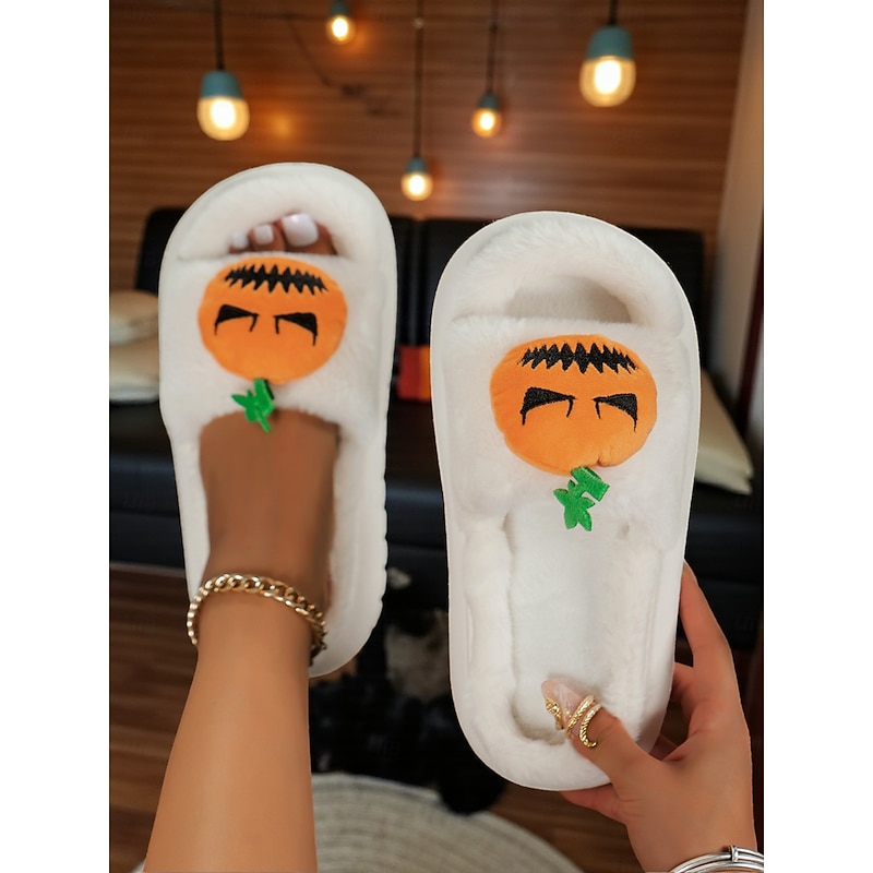 Women's White Fuzzy Halloween Pumpkin Slippers – Soft Indoor House Shoes with Funny Cartoon Design for Autumn and Holiday Lounge Wear
