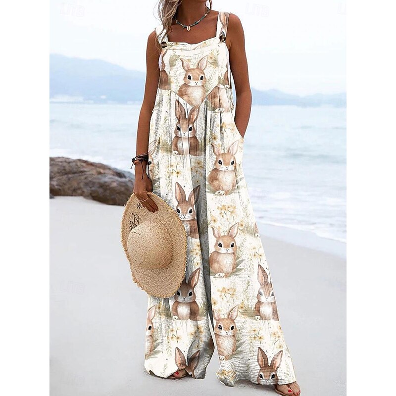 Women's Dungarees Active Graphic Sleeveless Wide Leg Vacation Street Loose Fit Black White Orange Summer