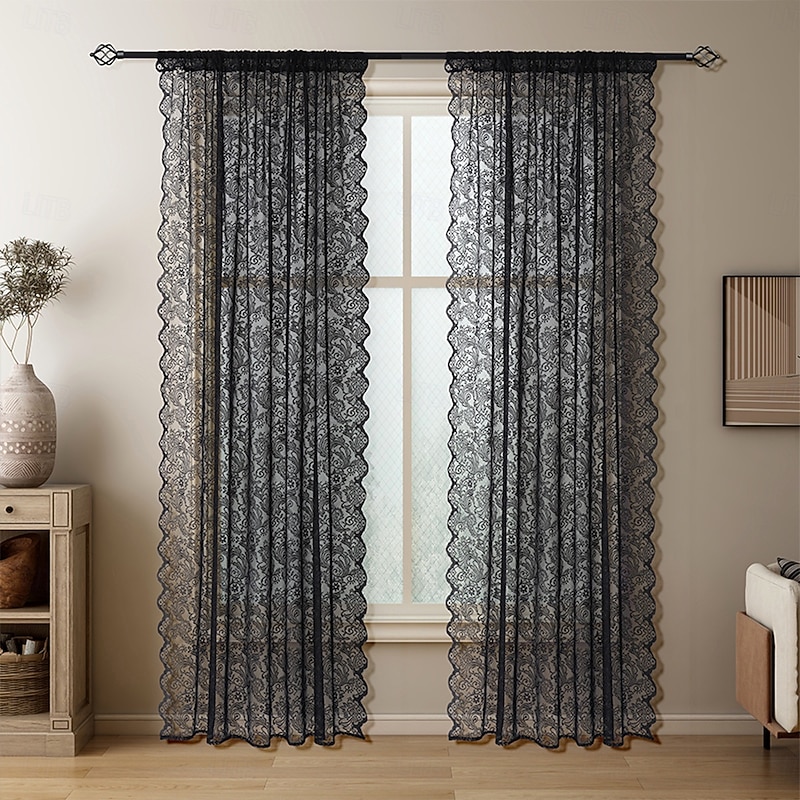 Curtain Drapes French Vintage Lace Sheer Curtains - Decorative Privacy Drapes for Living Room & Bedroom, Room Divider
