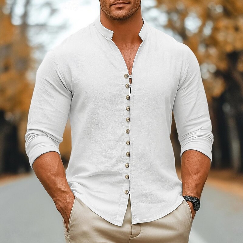 Men's Shirt Linen Shirt Summer Shirt Casual Shirt Button Up Shirt Plain Vacation Curise Black White Pink Orange Long Sleeve Mandarin Collar Spring &  Fall Clothing Apparel - Main Image