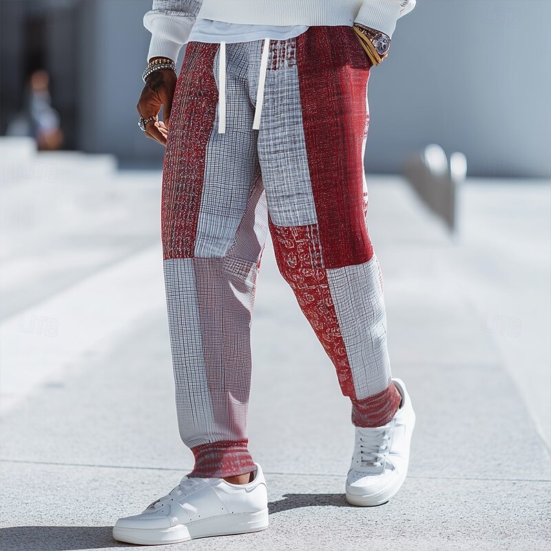 Men's Color Block Patchwork Sweatpants Joggers Trousers Mid Waist Drawstring Elastic Waist Vintage Ethnic Jogging Streetwear Workout Athletic Sweatpants with Pockets Spring Fall 3D Print Red Blue