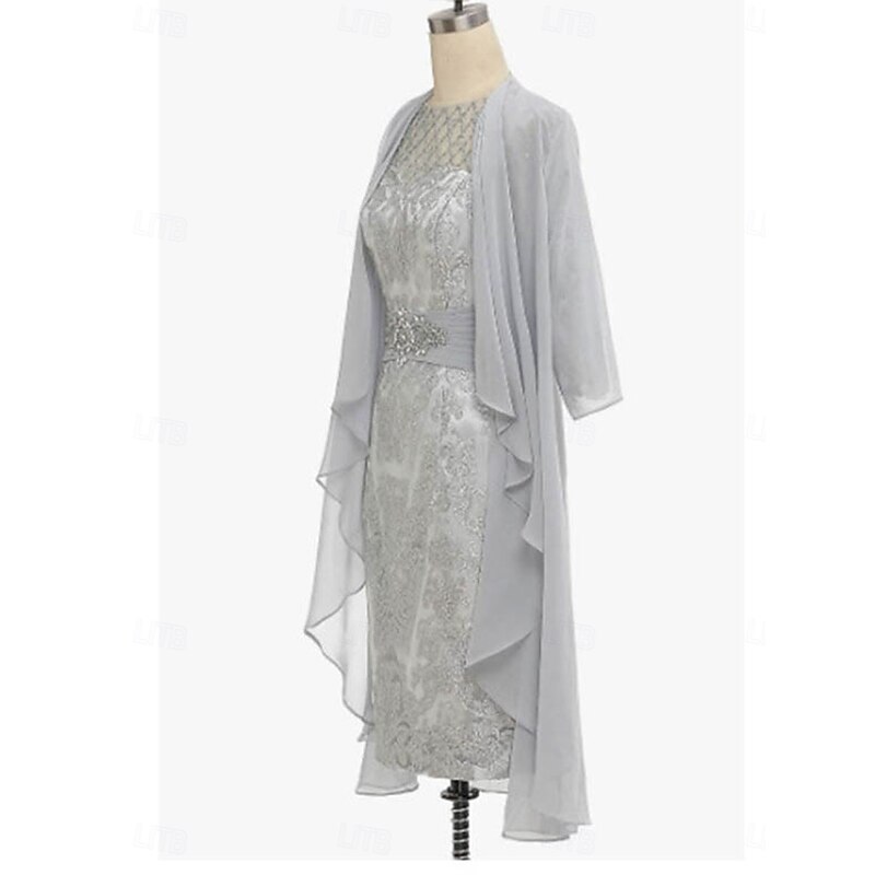 Sheath / Column Dress Sets Mother of the Bride Dress Elegant Simple Crew Neck Knee Length Lace 3/4 Length Sleeve with Solid Color3