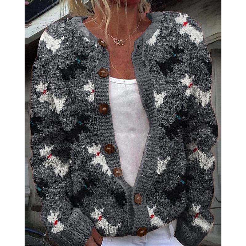 Women's Sweater Cardigan Fashion Streetwear Daily Animal Ribbed Open Front Knitted Print Long Sleeve Regular Tops Knit Holiday Going out Weekend White Blue Fall Winter