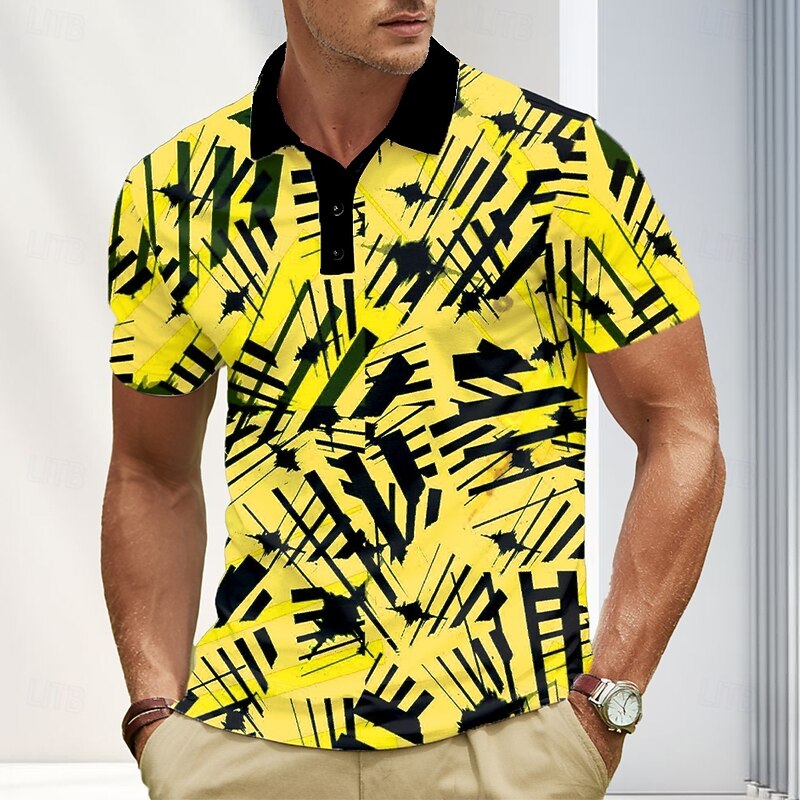 Men's Abstract Geometic Polo Short Sleeve Polo Shirts Lapel Casual Athleisure 3D Print Buttons Summer Yellow Blue Purple