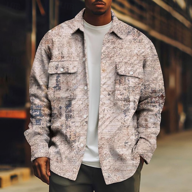 Men's Color Block Gradient Patchwork Corduroy Shirt Shacket Shirt Jacket Long Sleeve Casual Outdoor Dailywear Fall Winter Turndown Button-Down Jacket with Flap Pockets Black Pink Khaki Light Grey Gray2